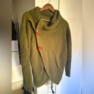 Olive green oversized buttoned turtleneck wrap sweater